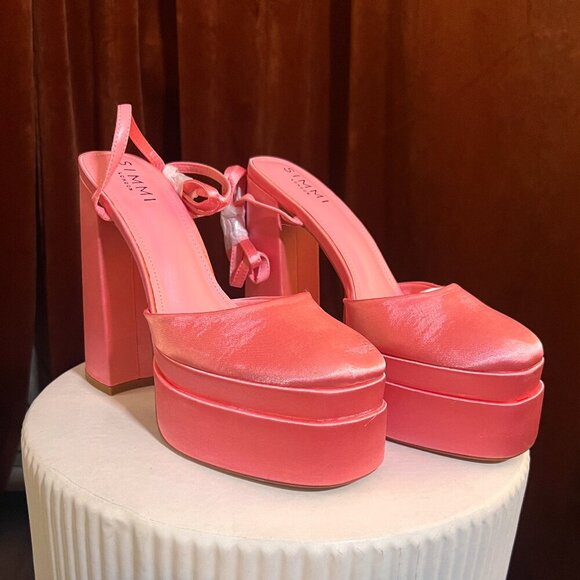 Simmi London Pink Satin Platform Chunky Heel Closed Toe with Buckle Ankle Strap - Picture 9 of 16